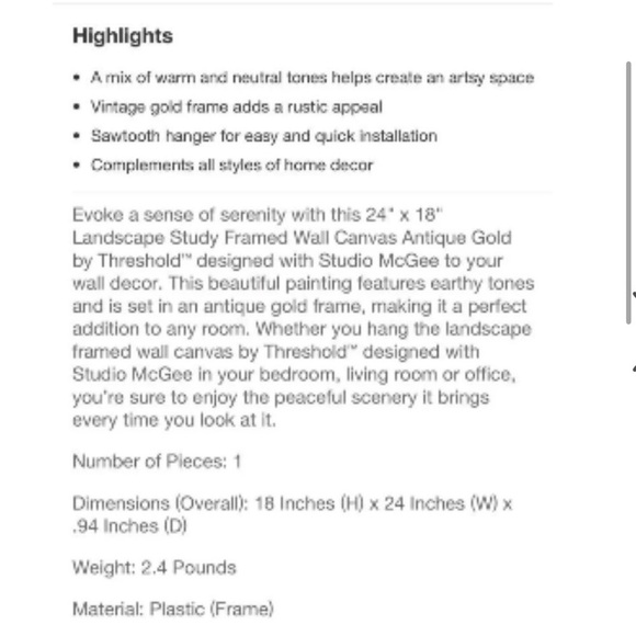 24" x 18" Landscape Study Framed Wall Canvas Antique Gold - Studio McGee NWT - Picture 4 of 6